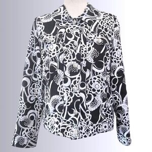 Birch Hill Size M Black White Floral Print 100% Linen Button Front Preppy Jacket